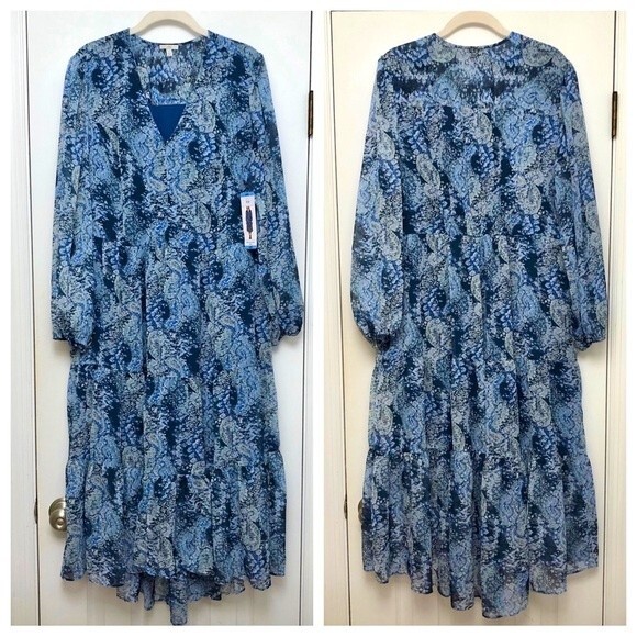 Joie Midi Dress Printed Blue Paisley Floral Chiffon V-Neck Long Sleeve NWT L - Picture 6 of 8